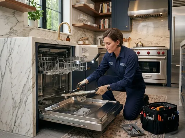 Appliance Repair Hero technician servicing a built-in dishwasher in a Berlin, NJ kitchen