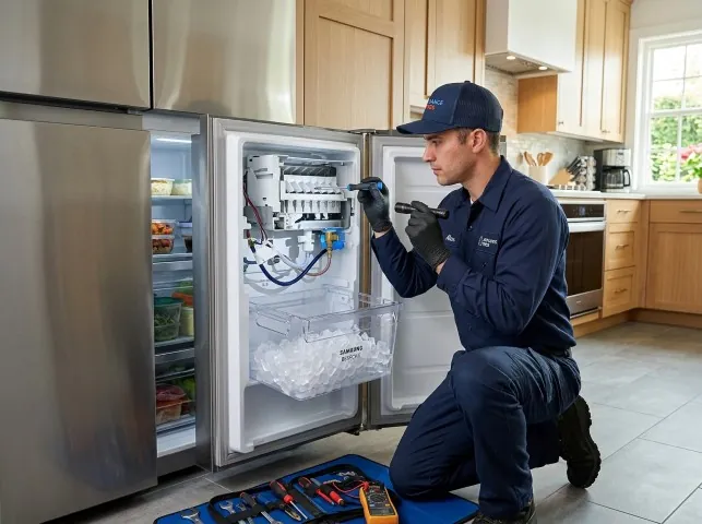 Appliance Repair Hero technician repairing a refrigerator ice maker in Berlin, NJ