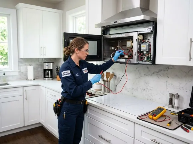 Appliance Repair Hero technician testing an over-the-range microwave in a Berlin, NJ kitchen